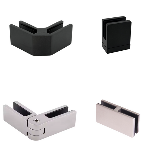 Plusieurs type de pince à verre - coin 90 - en ligne 180 - angle ajustable - verre à mur - verre à poteau - noir mât et acier inoxydable